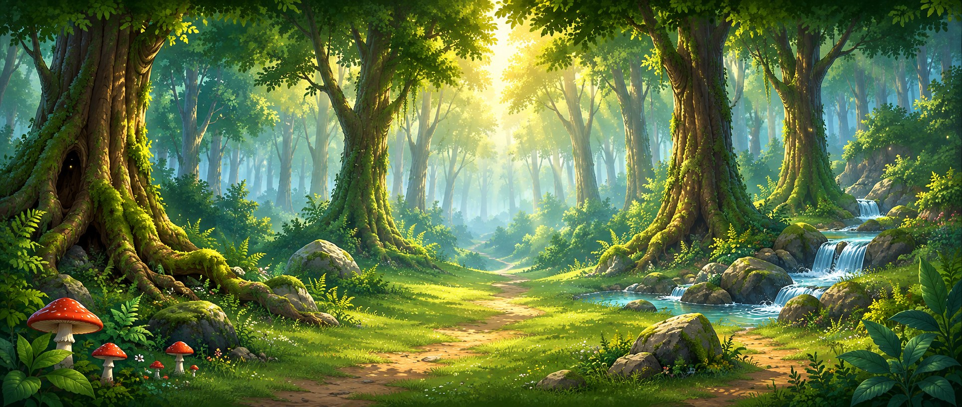 Mushroom Hollow — sunlit forest with a path, a stream and red mushrooms